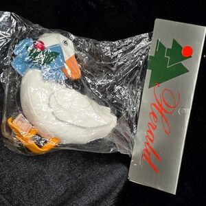 Herald Christmas Goose Ornament White Blue Bow Red Berry Vintage Decoration